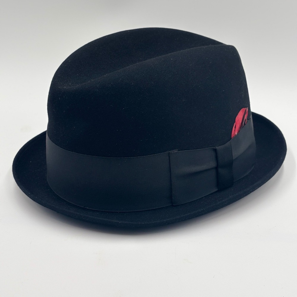 Resistol Fedora Hat Black Felt with Red Feather Size 7 1/4 Self-Conforming